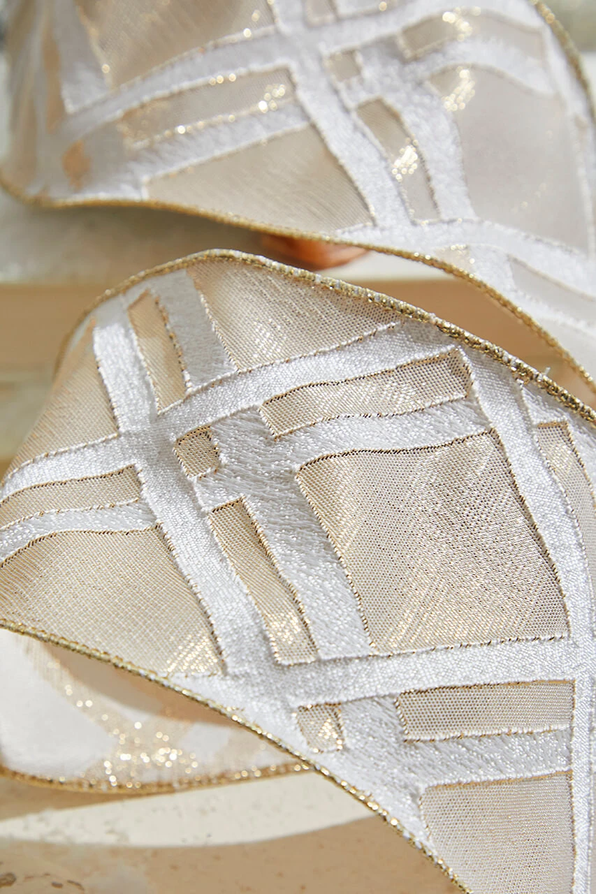 4β X 10 Yard Gold & White Lattice Ribbon - Image 2