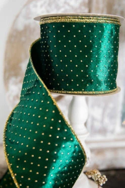 4” X 10 Yard Metallic Dot Velvet Wired Ribbon - Green/Gold