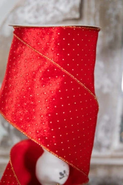 4” X 10 Yard Metallic Dot Velvet Wired Ribbon - Red/Gold