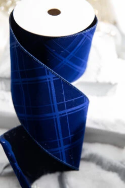 4” X 10 Yard Midnight Blue Embossed Plaid Velvet Wired Ribbon
