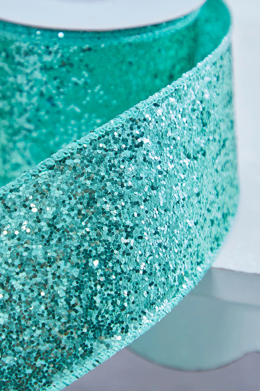 2.5" X 10 Yard Mint Green Glitter Wired Ribbon - Image 2