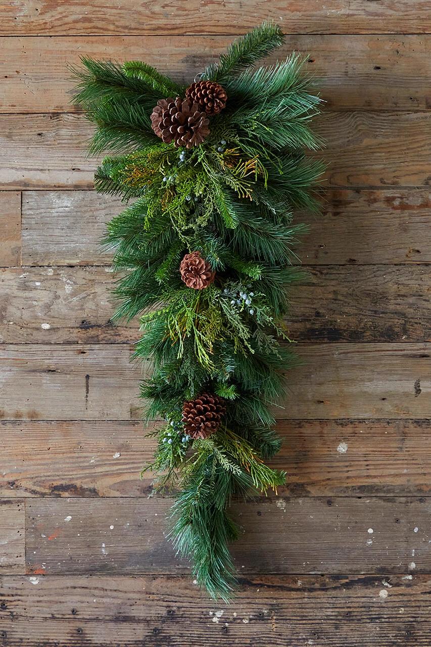 32" Deep Woods Mix Greens With Pinecones Teardrop