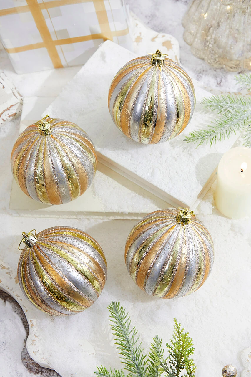 4" Gold/Silver Stripe Mercury Ball Ornament Box - Set Of 4
