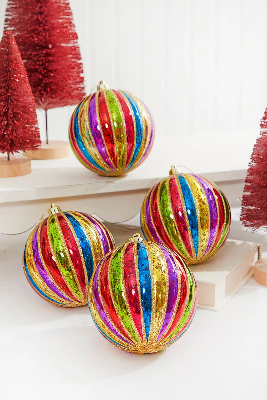 4" Multi Color Stripe Mercury Ball Ornament - Set Of 4 - Image 3