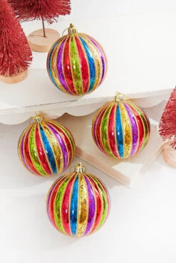 4" Multi Color Stripe Mercury Ball Ornament - Set Of 4