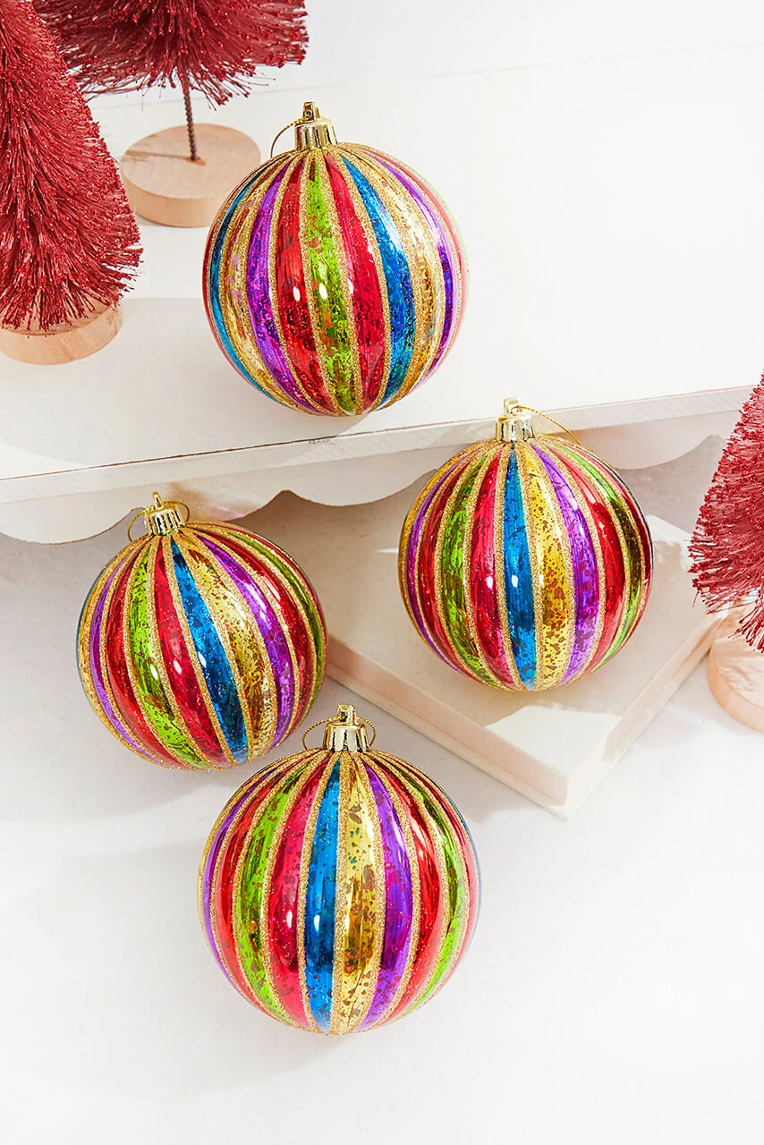 4" Multi Color Stripe Mercury Ball Ornament - Set Of 4