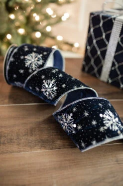 4” X 5 Yard Winter’s Night Snowflake Velvet Ribbon Navy