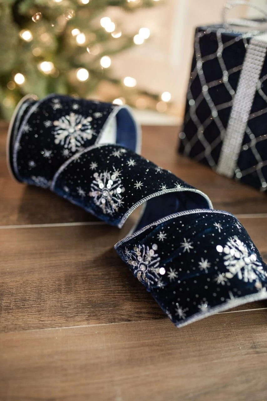 4” X 5 Yard Winter’s Night Snowflake Velvet Ribbon Navy