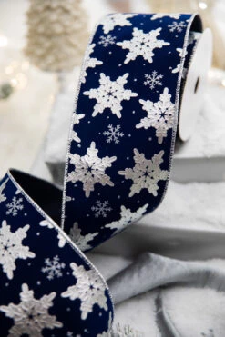4” X 10 Yard Snowflake On Blue Velvet Ribbon