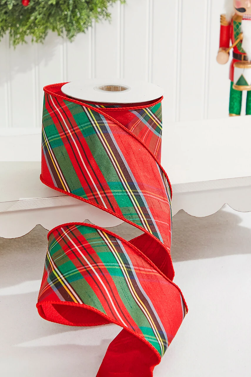 4" X 5 Yard Diagonal Cut Nutcracker Plaid Dupioni Ribbon