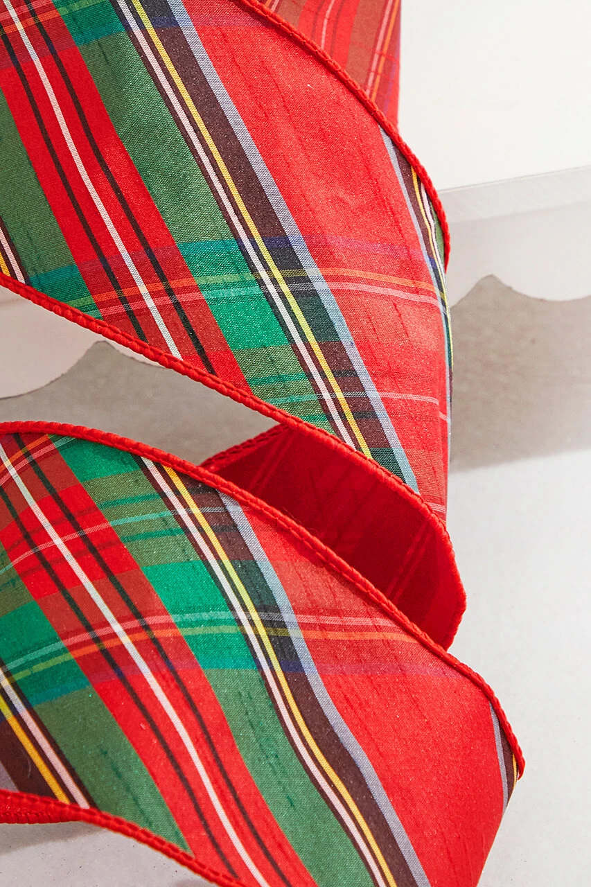 4" X 5 Yard Diagonal Cut Nutcracker Plaid Dupioni Ribbon - Image 2