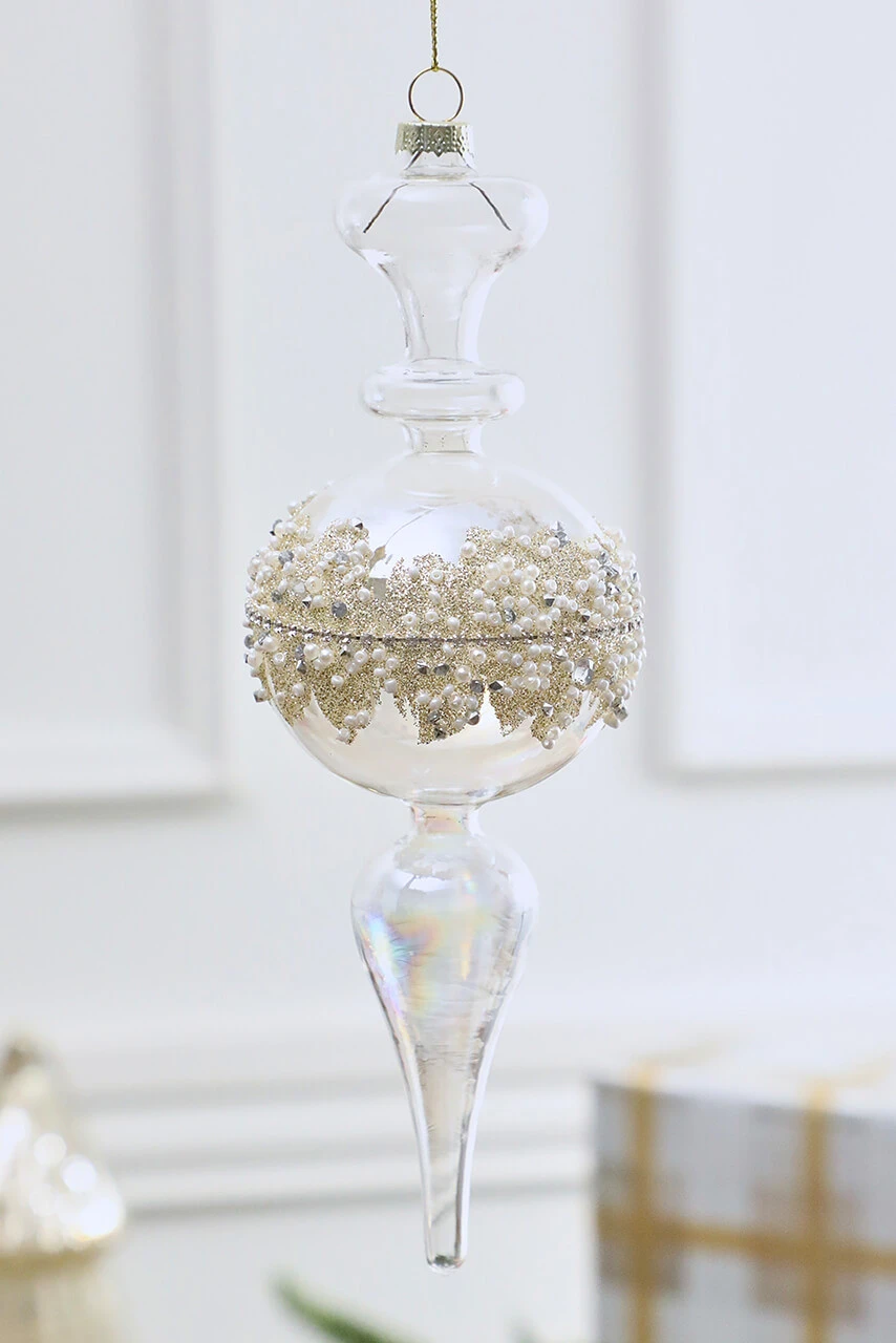 8.5β Glass Glitter Pearl Finial Ornament