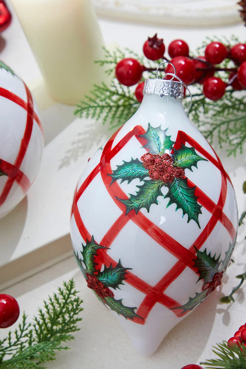 7" Glass Weave And Holly Ball/Finial Ornament - Image 2