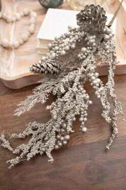 32” Metallic Platinum Glitter Berry Cedar Pinecone Christmas Spray