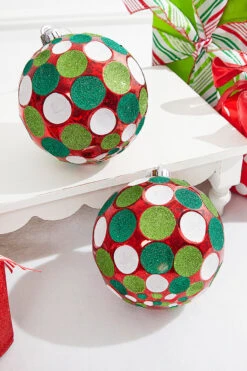 6" Red/Green/White Mercury Glitter Dot Ball - Set Of 2