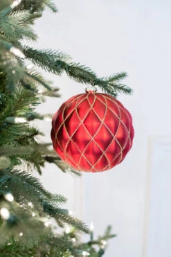 15 CM Red Matte Glitter Net Quilted Ball Ornament