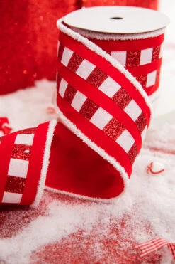 4” X 10 Yard Red And White Fur Edge Check Stripe Velvet Ribbon RDWH