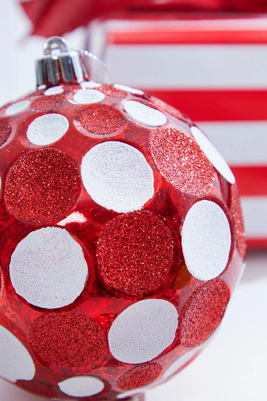 4" Red/White Mercury Glitter Dot Ball - Set Of 4 - Image 2