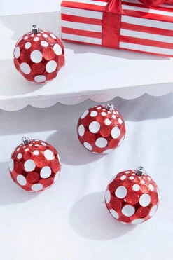 4" Red/White Mercury Glitter Dot Ball - Set Of 4