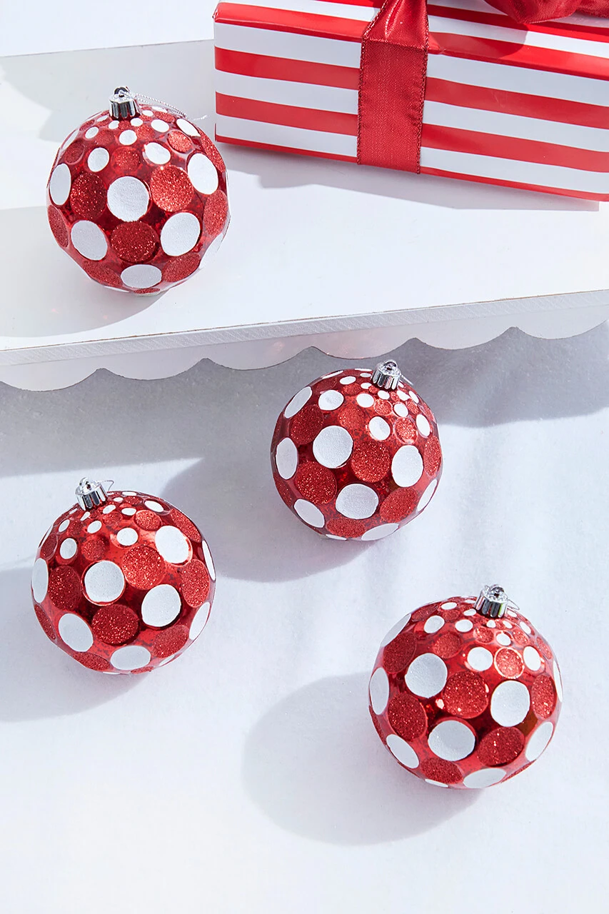 4" Red/White Mercury Glitter Dot Ball - Set Of 4