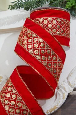 4” X 5 Yard Red & Gold Diamond Pattern With Sequins Velour Velvet Ribbon