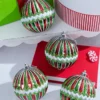 4" Red/Green/White Mercury Ridged With Zigzag Stripe Ball - Set Of 4