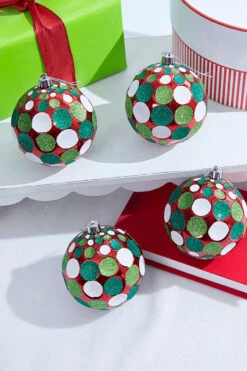 4" Red/Green/White Mercury Glitter Dot Ball - Set Of 4