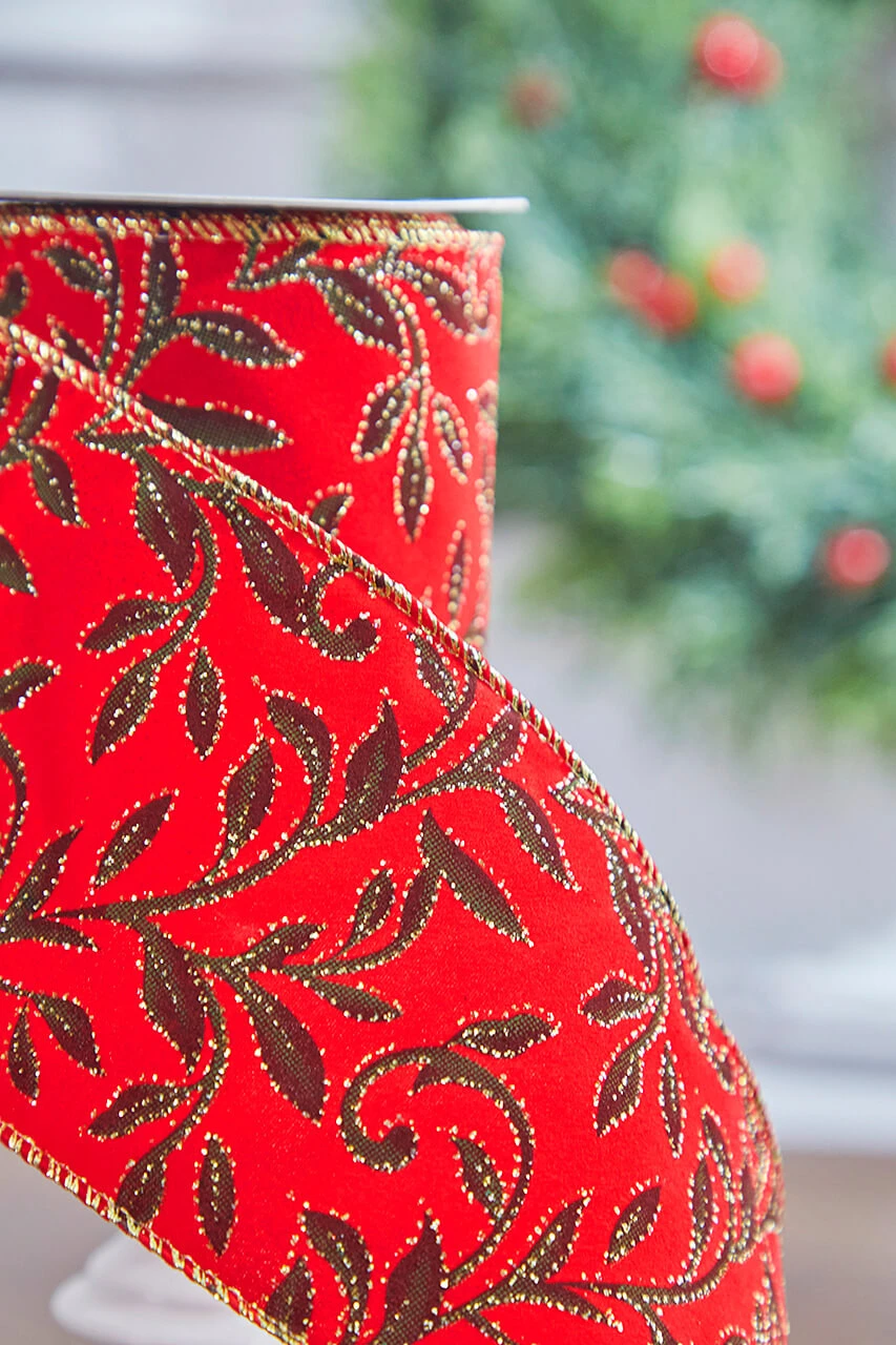 4" X 10 Yard Red Velvet With Vine Wired Ribbon - Image 2