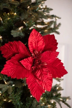 24” Red Velvet Glitter LUX Poinsettia Stem