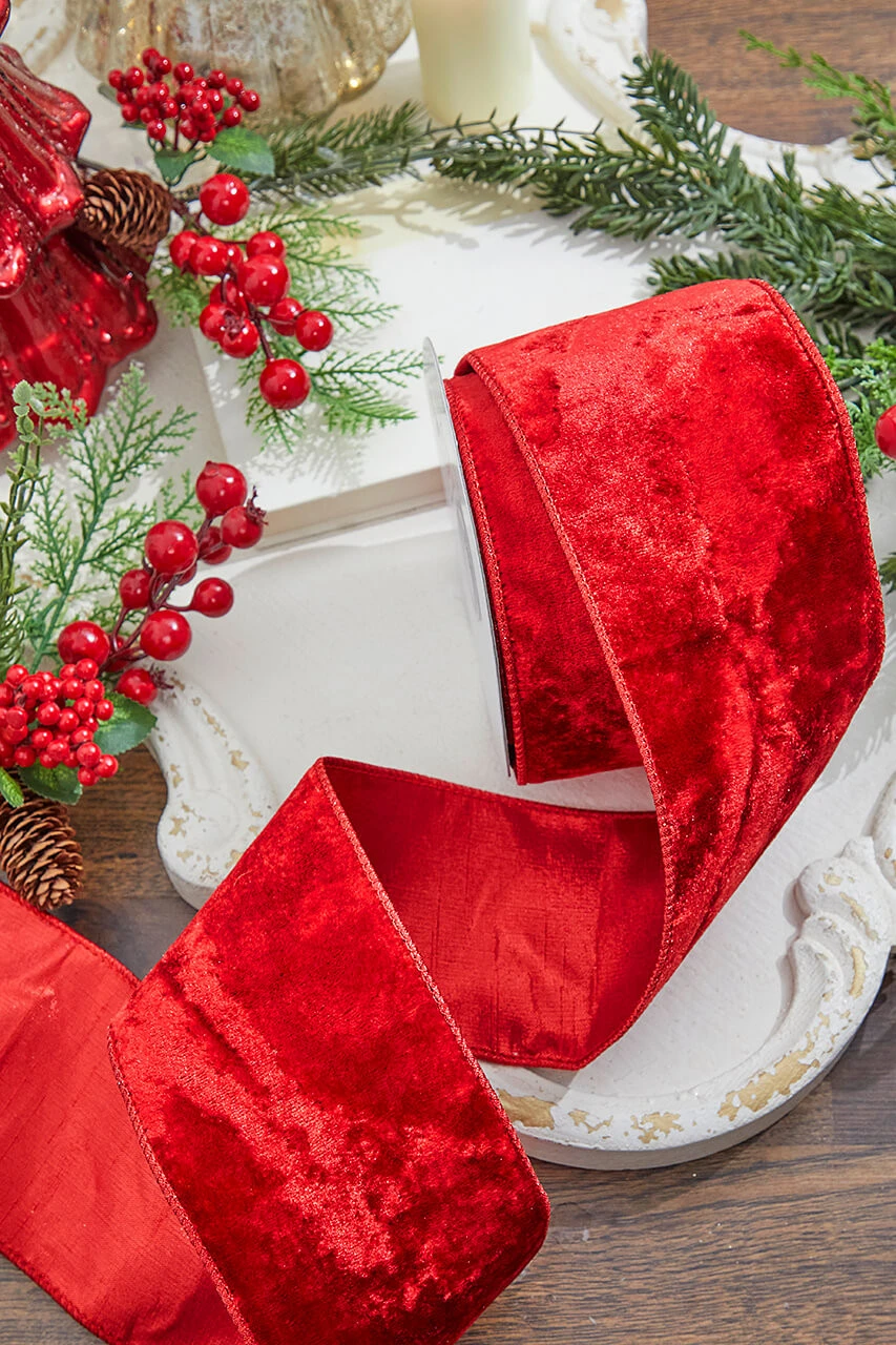 4β X 10 Yard Red Sheldon Velvet Metallic Back Ribbon