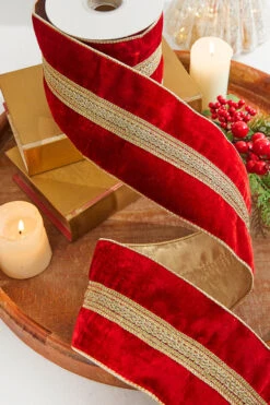 4” X 5 Yard Gold Braid Trim Velvet Gold Back Ribbon - Red/Gold