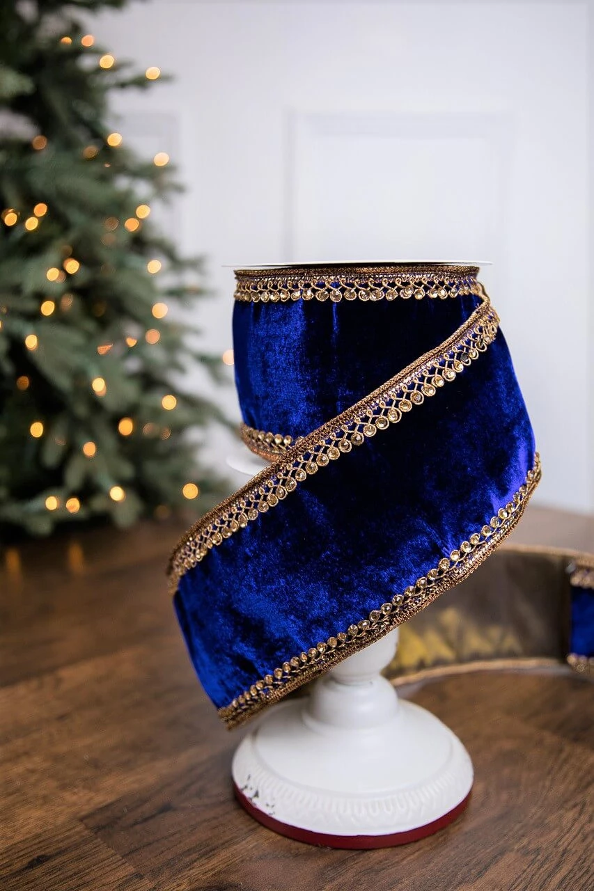 4β X 5 Yard Royal Blue Jewel Trim Edge Velvet Ribbon - Image 2