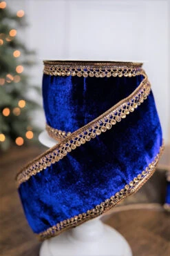 4” X 5 Yard Royal Blue Jewel Trim Edge Velvet Ribbon
