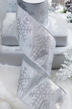 4" X 10 Yard Silver Snowflake Christmas Ribbon