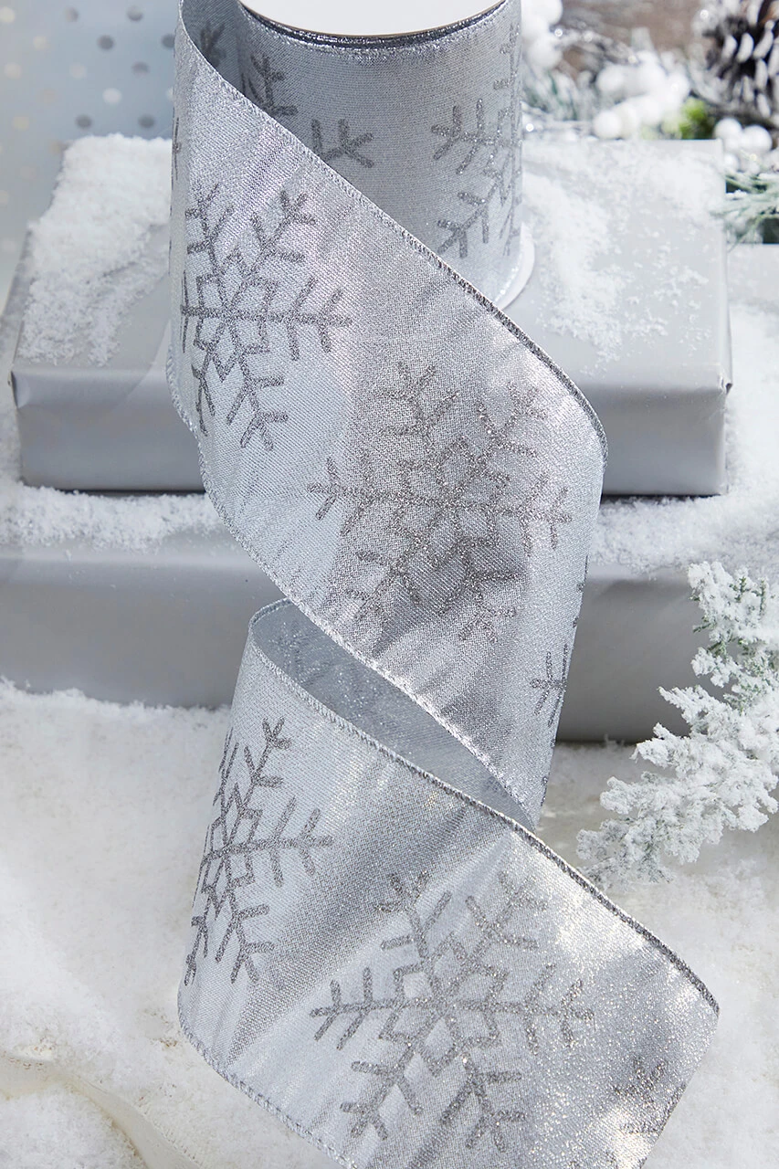 4" X 10 Yard Silver Snowflake Christmas Ribbon