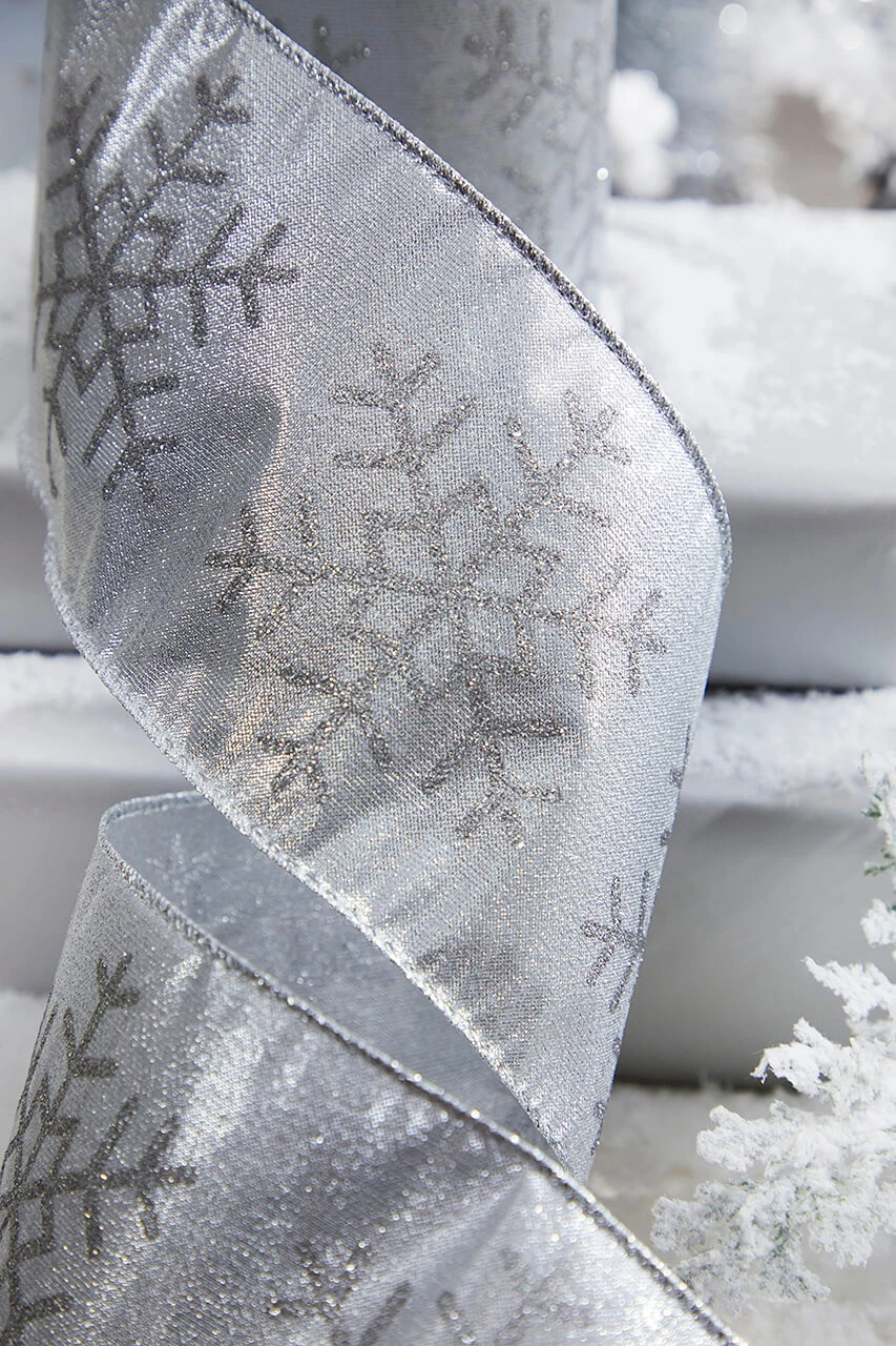 4" X 10 Yard Silver Snowflake Christmas Ribbon - Image 2