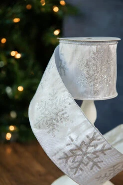 4” X 10 Yard Silver Glitter Snowflake On Lame Ribbon