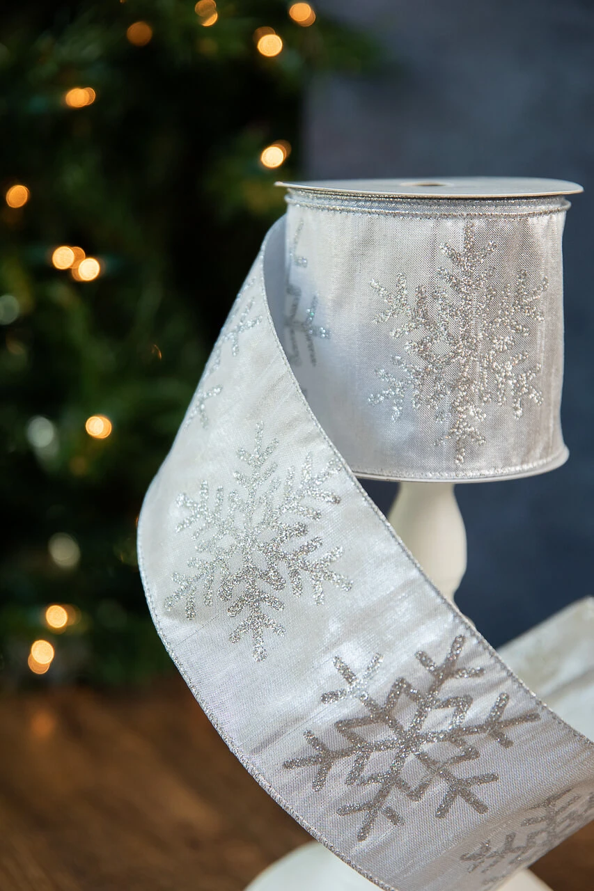 4β X 10 Yard Silver Glitter Snowflake On Lame Ribbon