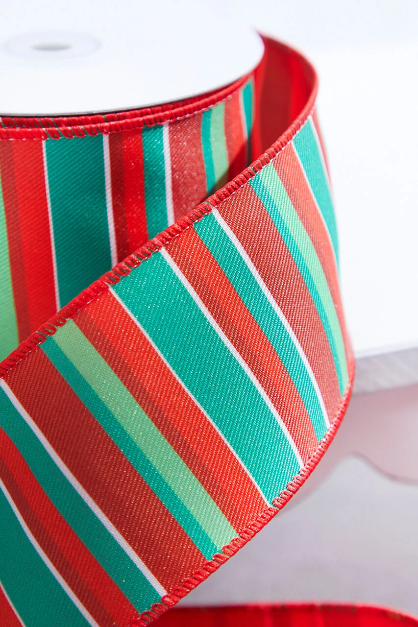 2.5" X 10 Yard Red/Green Holiday Stripe Wired Ribbon - Image 2