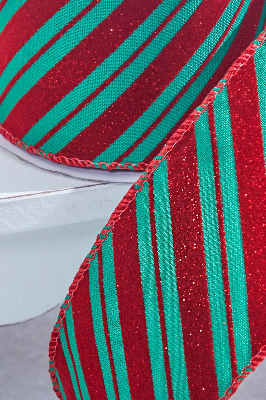 2.5" X 10 Yard Green With Red Glitter Diagonal Stripe Wired Ribbon - Image 2