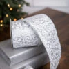 4" X 5 Yard Scroll Metallic Dupion Fused Ribbon - White/Silver