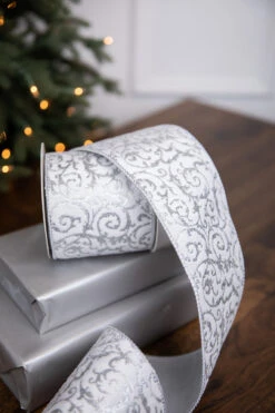 4" X 5 Yard Scroll Metallic Dupion Fused Ribbon - White/Silver