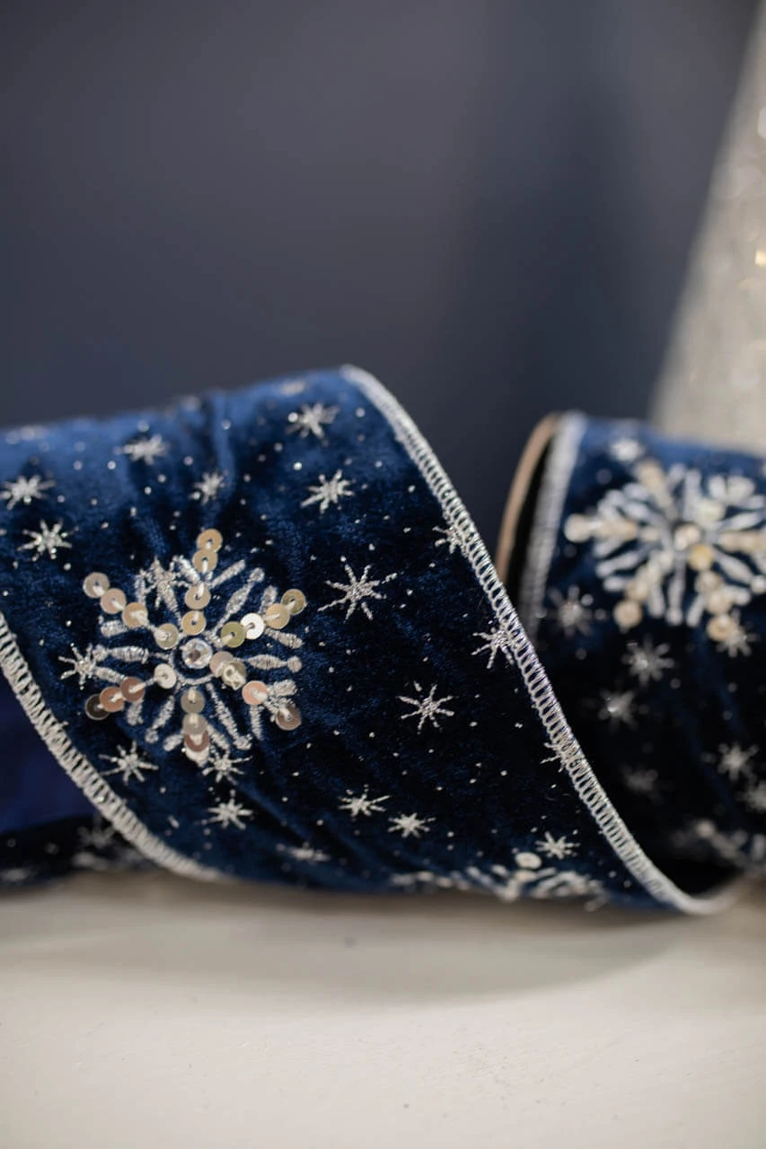 4” X 5 Yard Winter’s Night Snowflake Velvet Ribbon Navy - Image 2